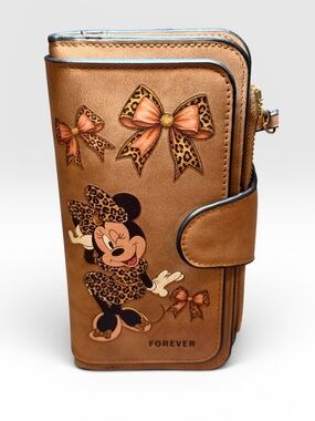 Minnie Mouse Leopard Print Bow Organizer Wallet Clutch Tan Zip Around